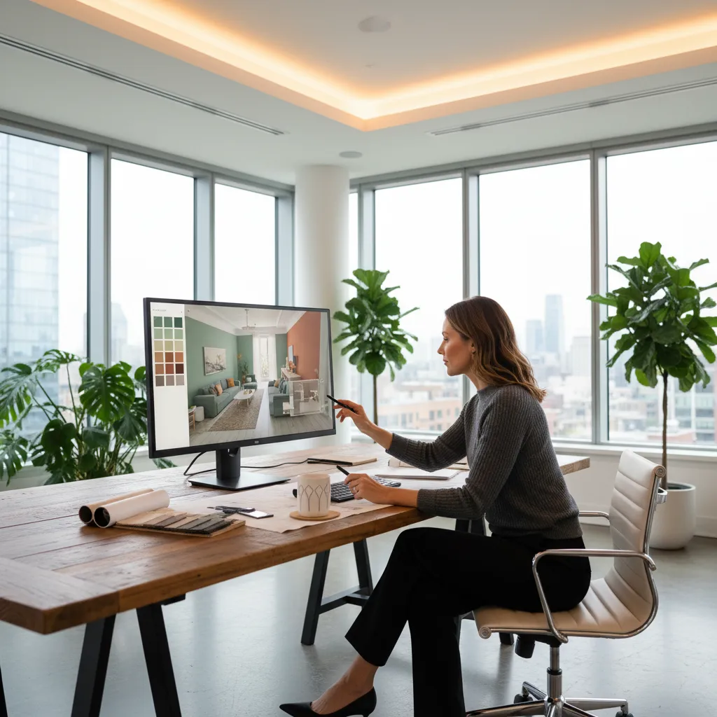 Female designer working on interior design project using computer at wooden desk in bright office