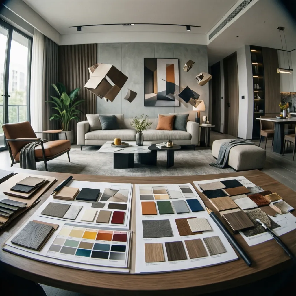 Diseñador de interiores planificando paleta de colores en una sala antes de pintar
