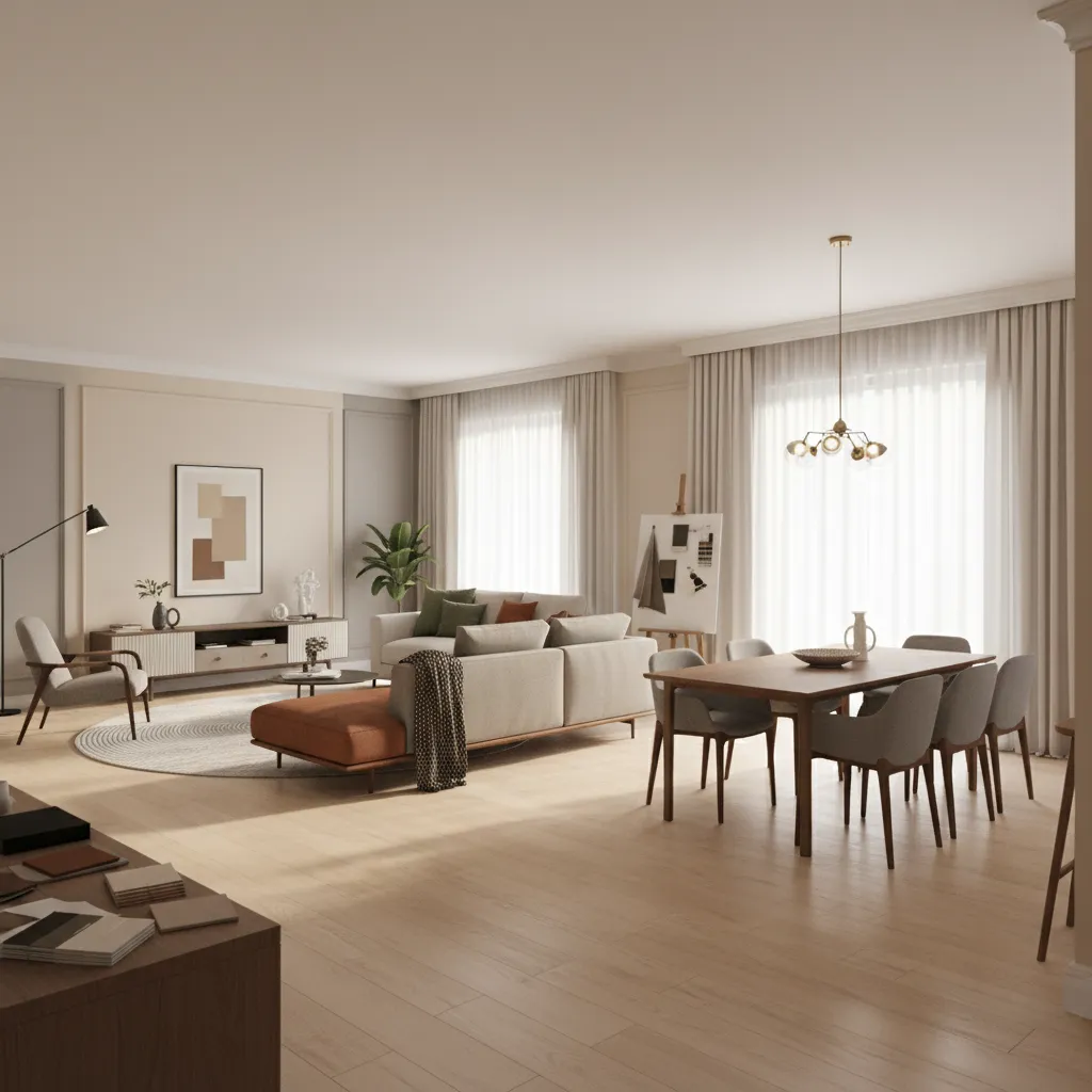 Visualización 3D de un apartamento mostrando distribución y colores interiores