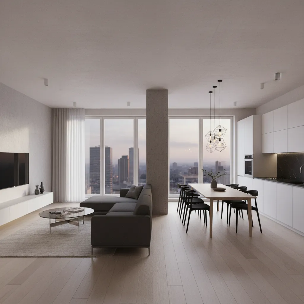 Visualización 3D de un espacio interior con columna estructural