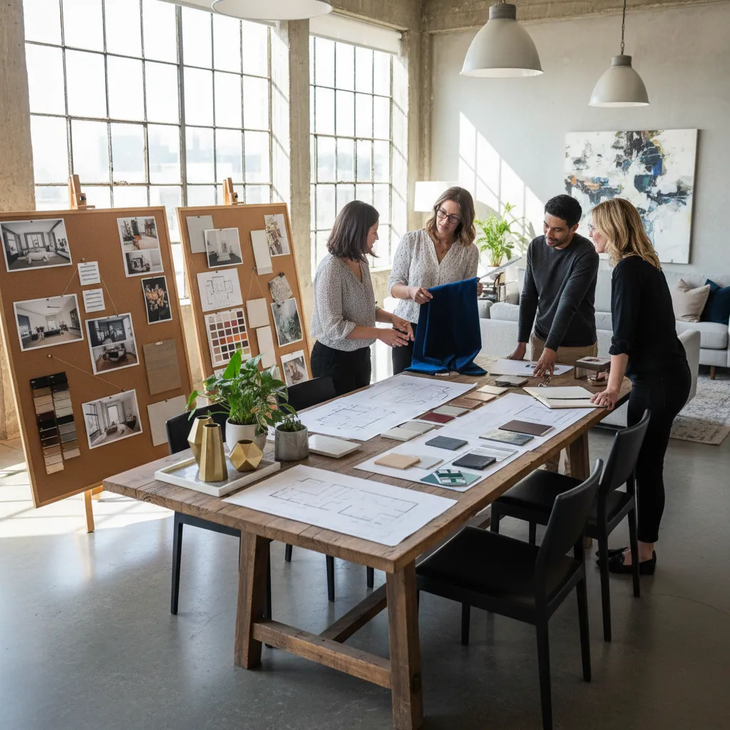Equipo trabajando en diseño interior y selección de decoración