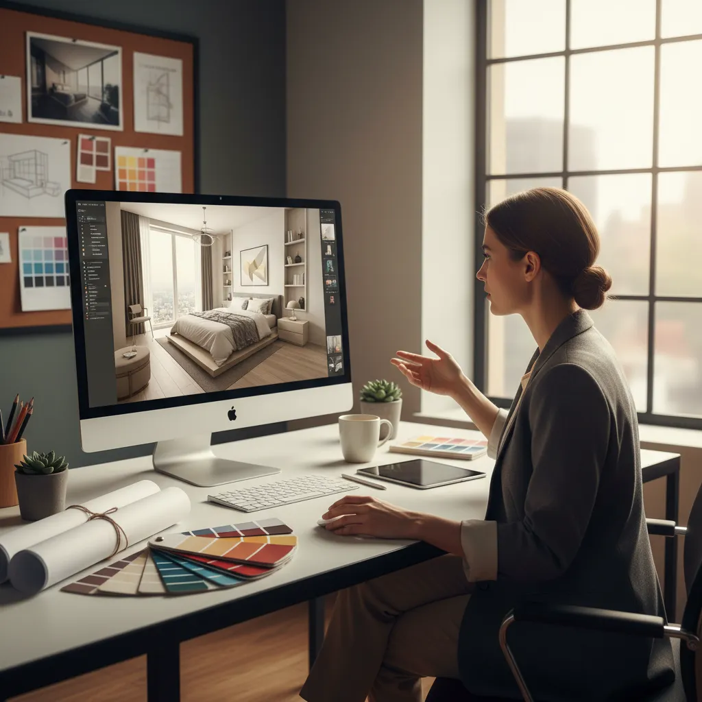 Designer using a computer to create interior design drawing with color samples on the desk