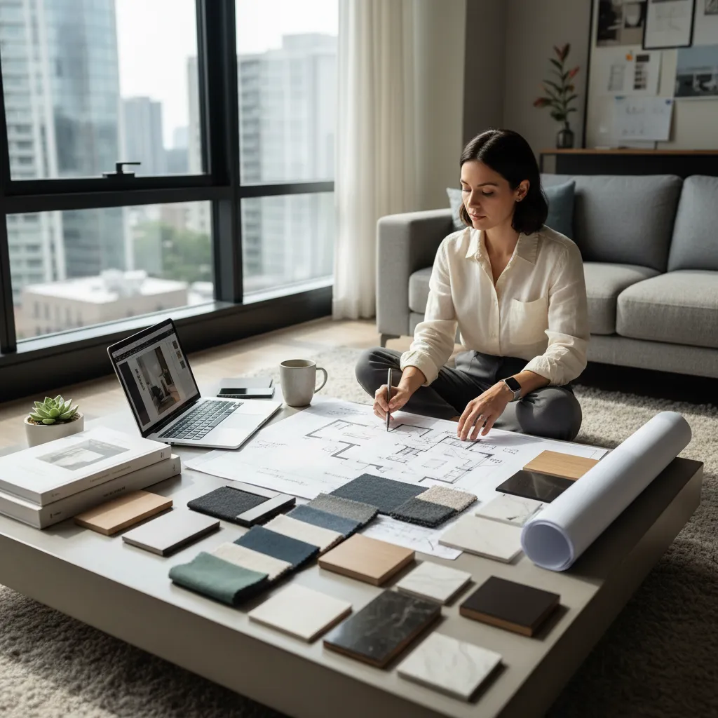 Diseñador planificando la decoración de un salón moderno