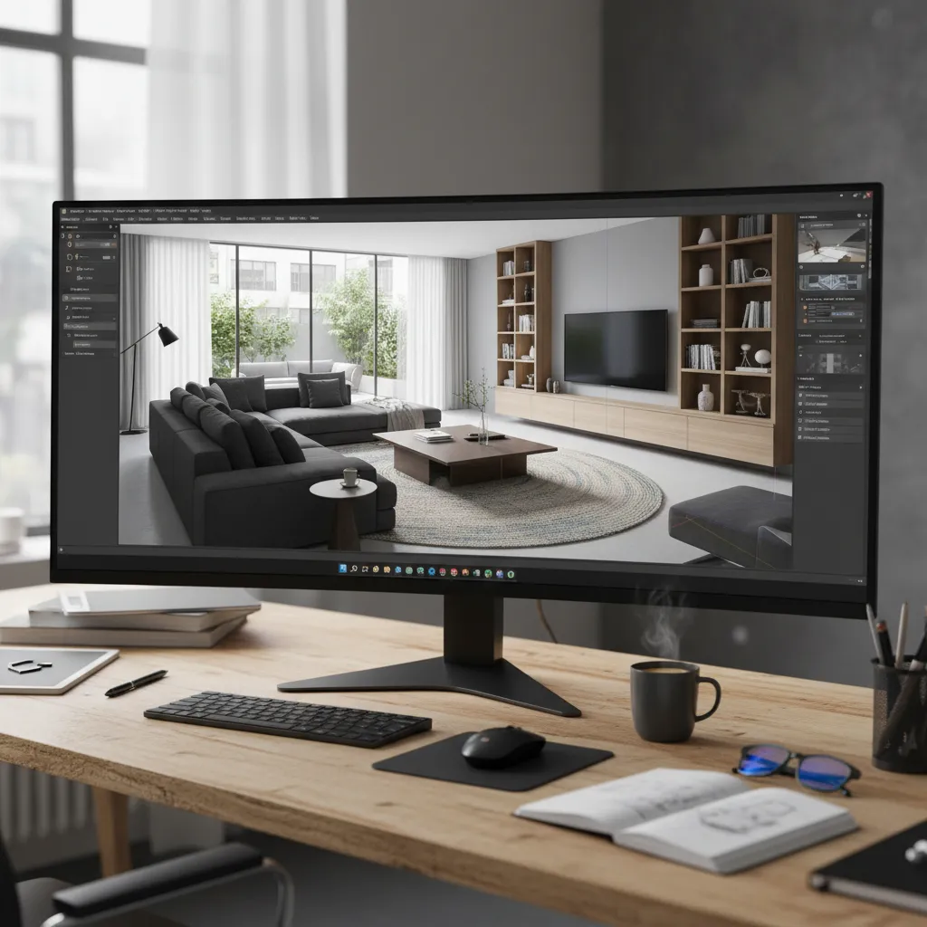 Visualización 3D de diseño interior mostrando distribución y elementos decorativos