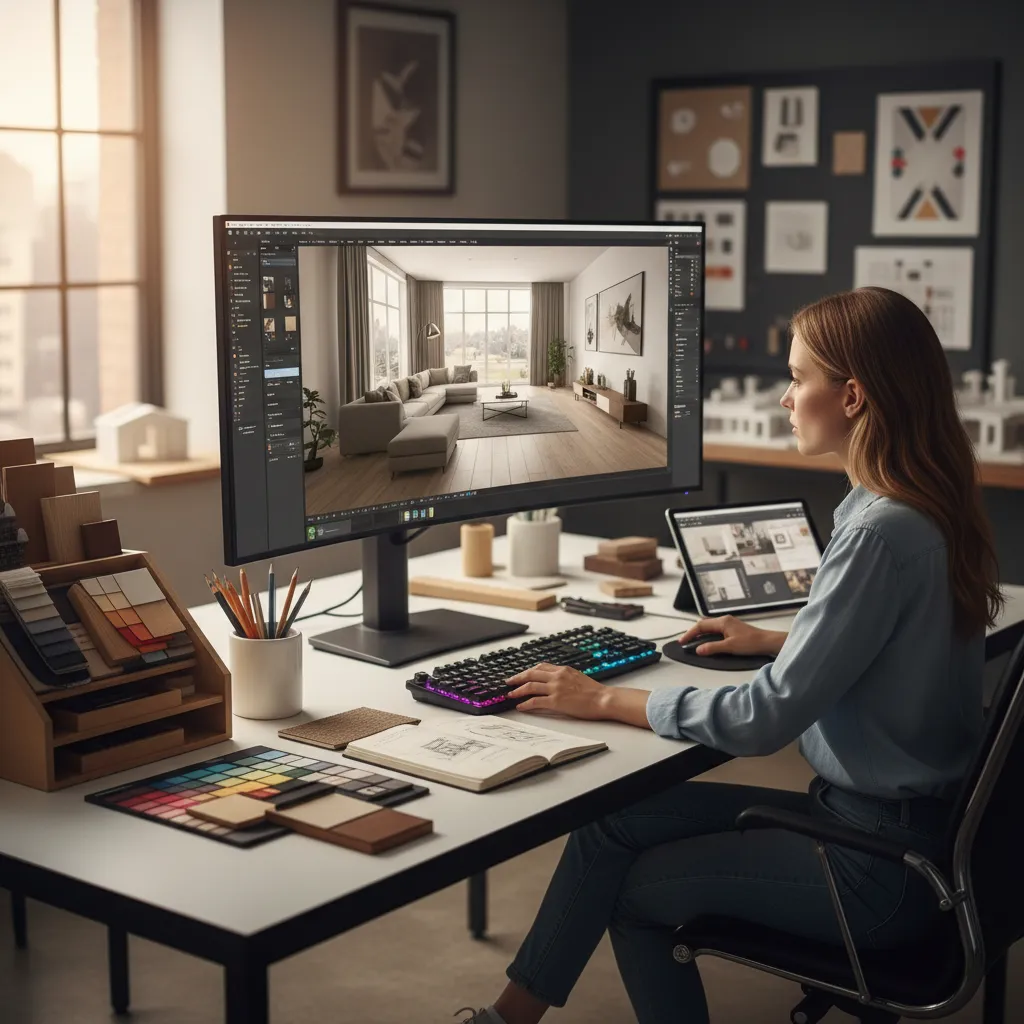 Diseñador de interiores planificando colores y distribución en una pantalla de diseño 3D