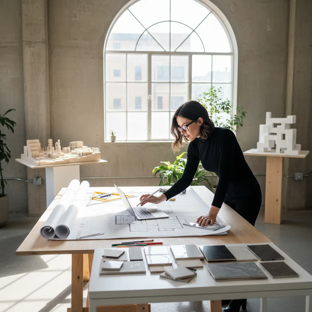 Diseñador planificando la distribución de muebles en un plano interior