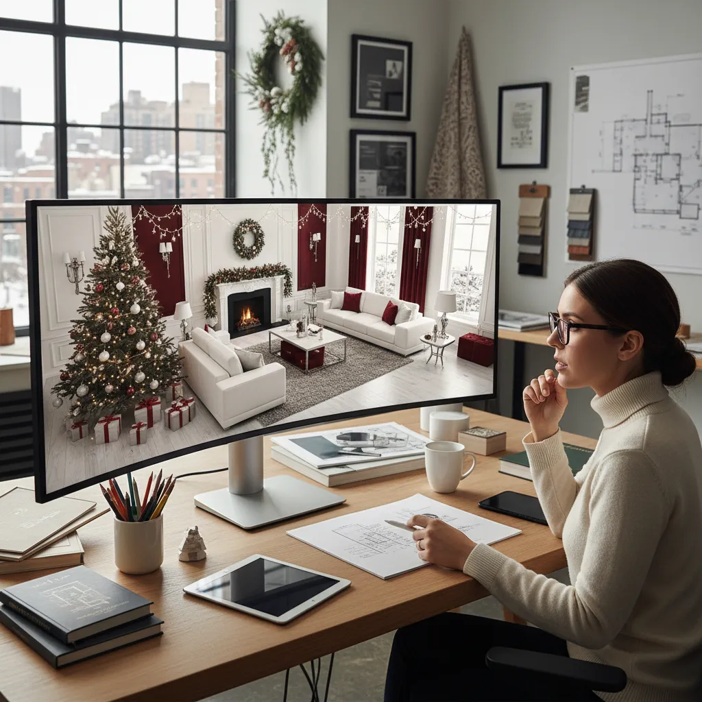 Planificación digital de distribución del salón para árbol de Navidad