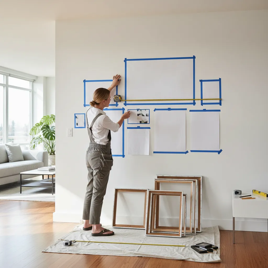 Woman measuring white wall with blue tape to plan room layout using several empty frames
