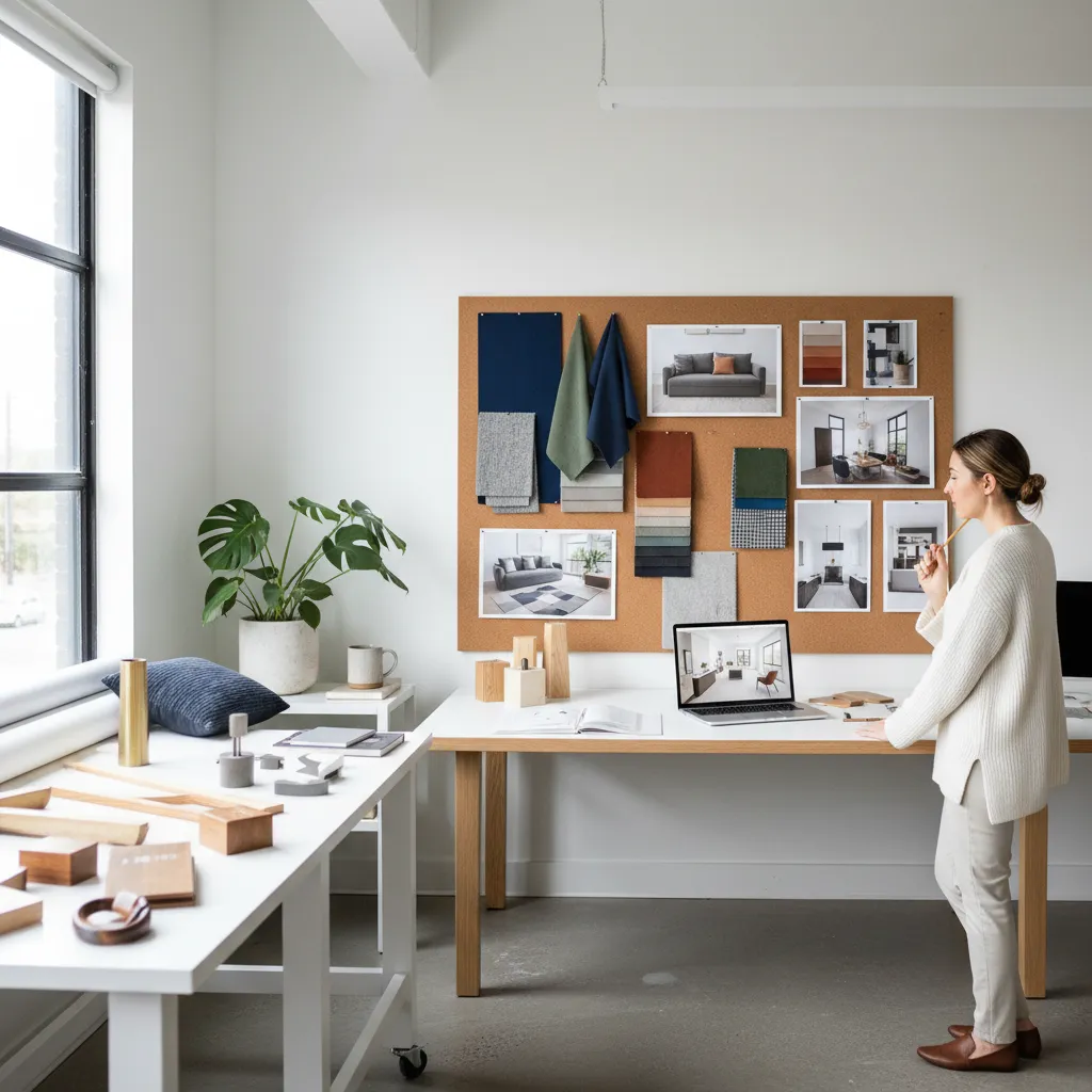 Diseñador planificando la distribución de un salón con muebles y paleta de colores