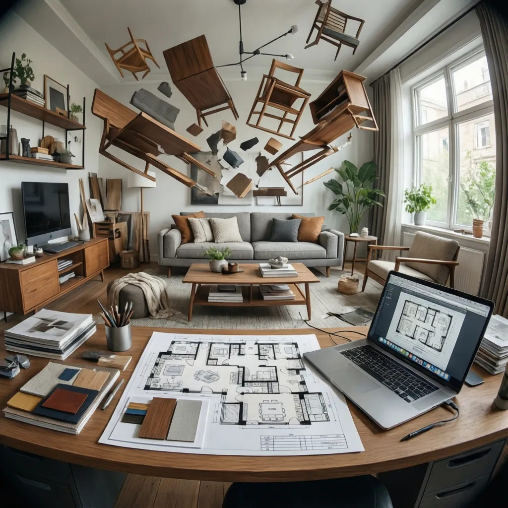 Planificación de muebles y decoración en un salón moderno