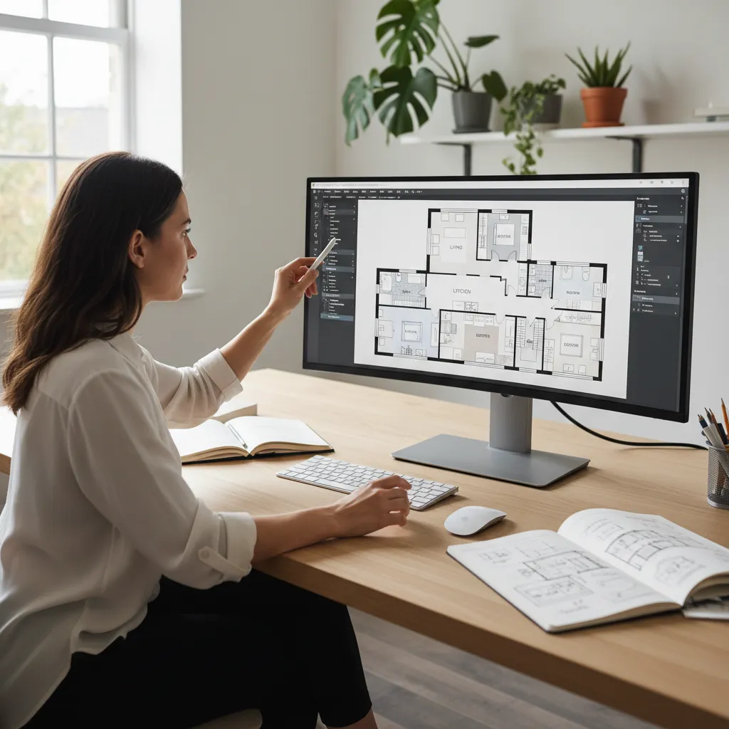Persona diseñando plano de casa en software de diseño interior