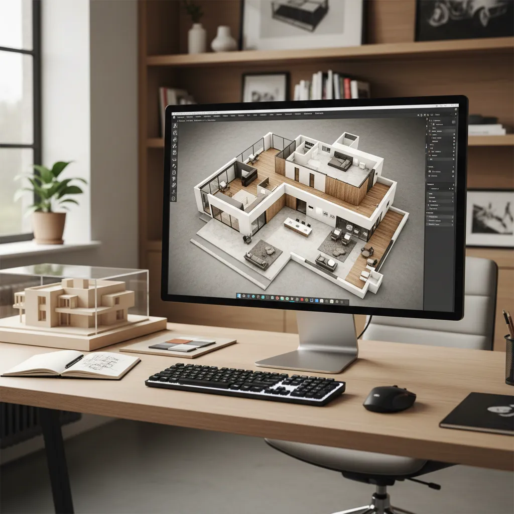 Pantalla mostrando diseño digital de una casa con modelo 3D y plano de planta