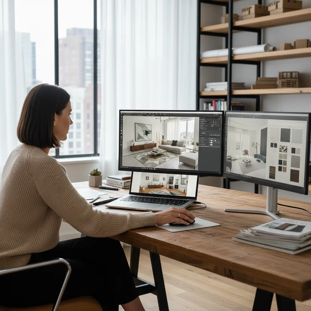 Diseñador usando software 3D para planificar un apartamento pequeño