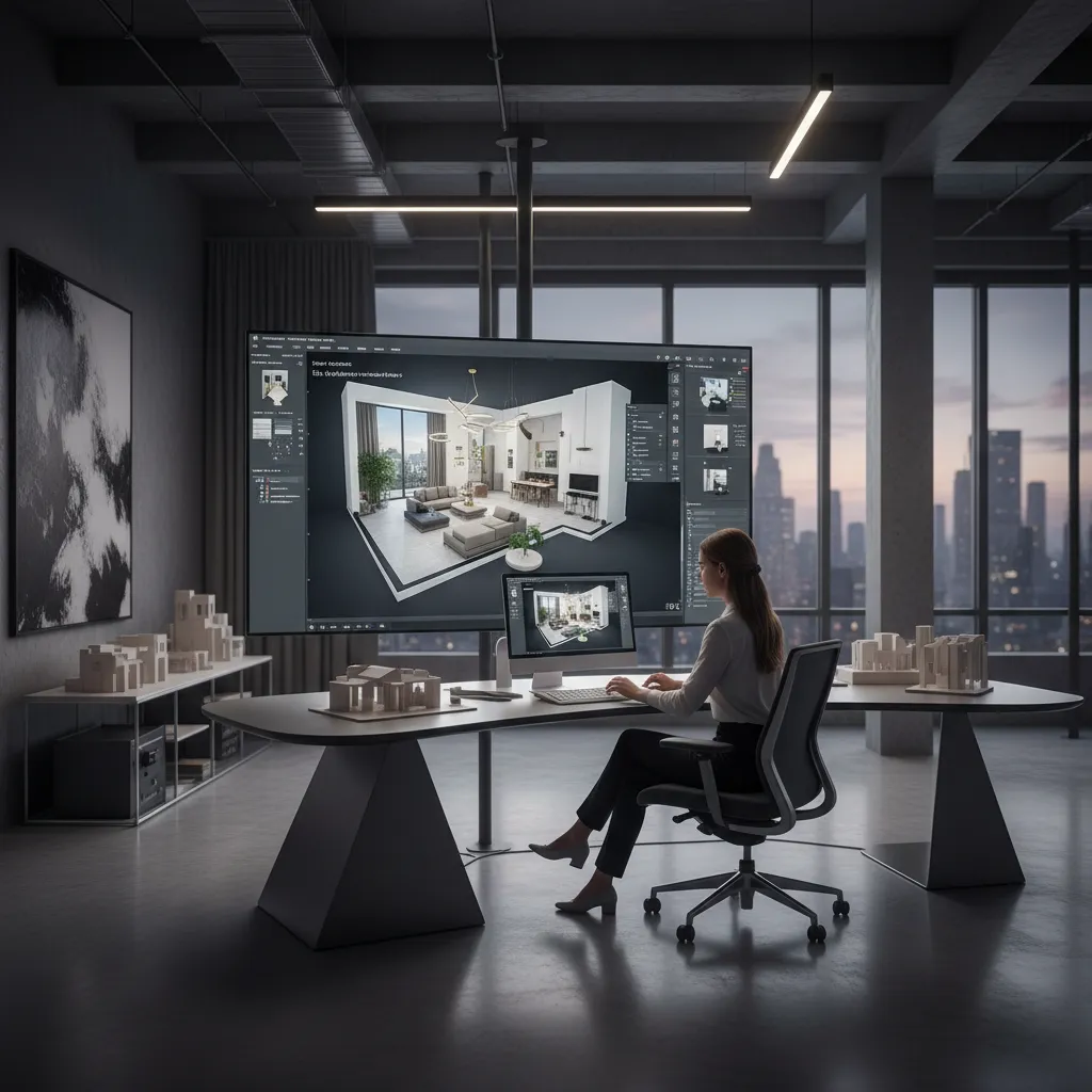 Diseñador visualizando un interior en una pantalla 3D