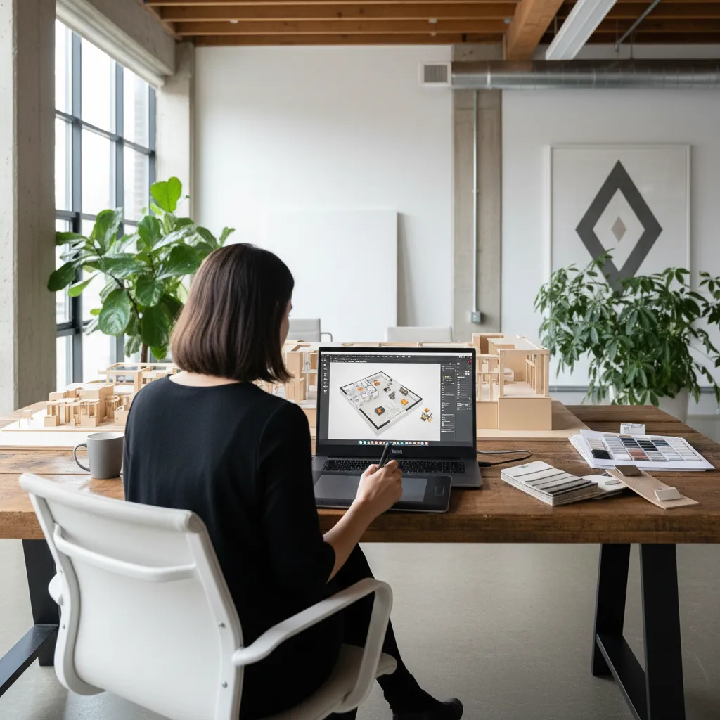 Diseñador trabajando con plano digital de interior