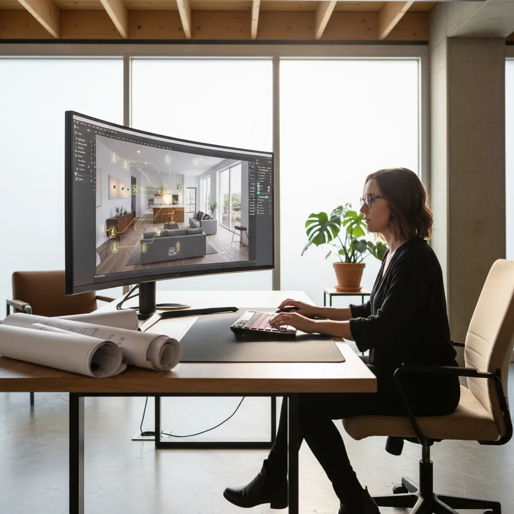Diseñador utilizando software de planificación de interiores en ordenador