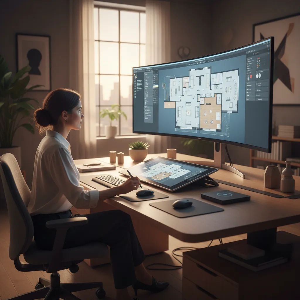 Diseñador revisando plano digital de un apartamento en una pantalla