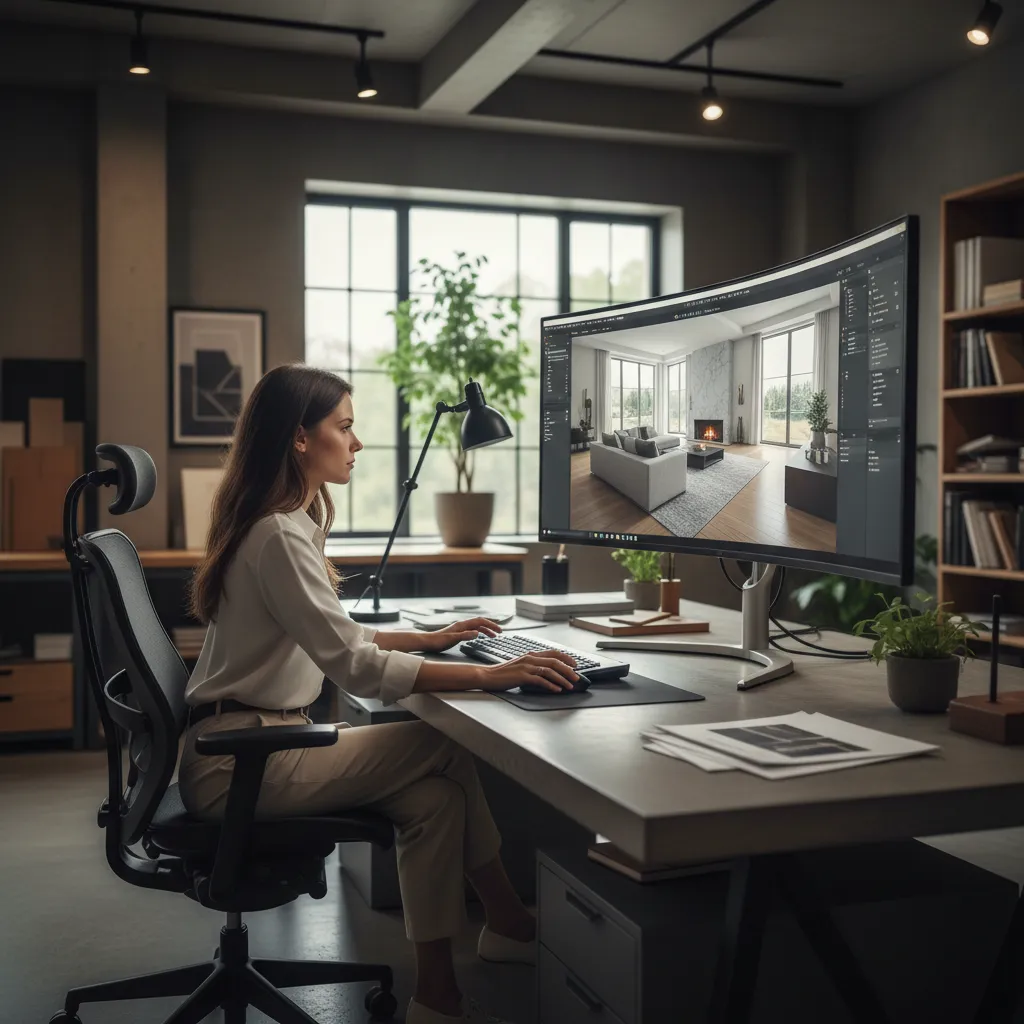Designer using a computer to create an interior design drawing of a modern living room