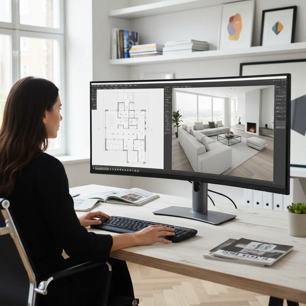 Diseñador planificando interior con software 3D
