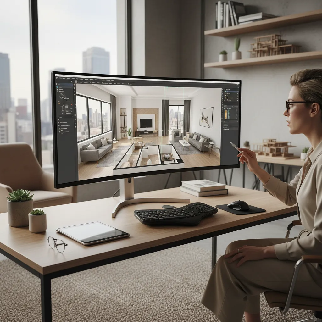 Designer using Coohom software on curved monitor to create interior design drawing of living room