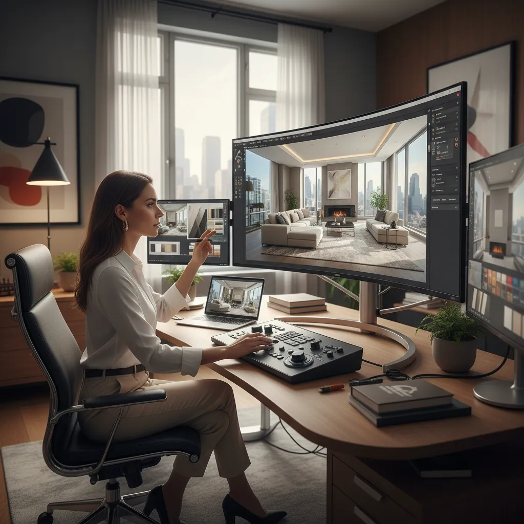 Woman designer using professional software to create modern living room layout on large curved screen