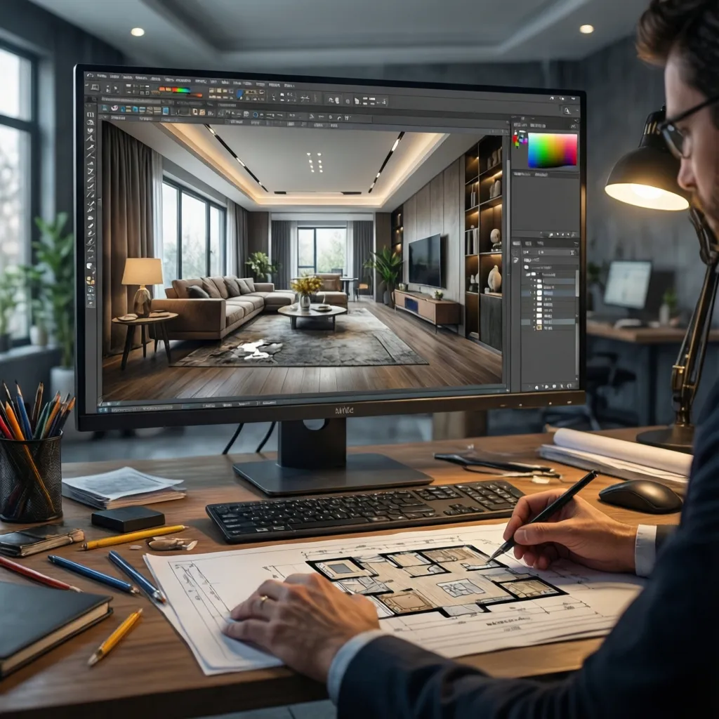 Diseñador creando plano de casa en software de planificación digital