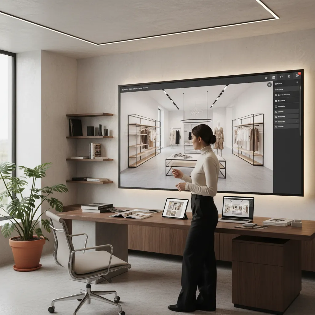 Woman in modern office viewing a retail store interior design on a large wall screen