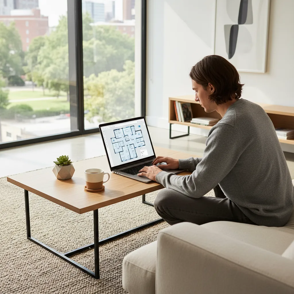 Man using a laptop to design a digital room layout using the Coohom software tool