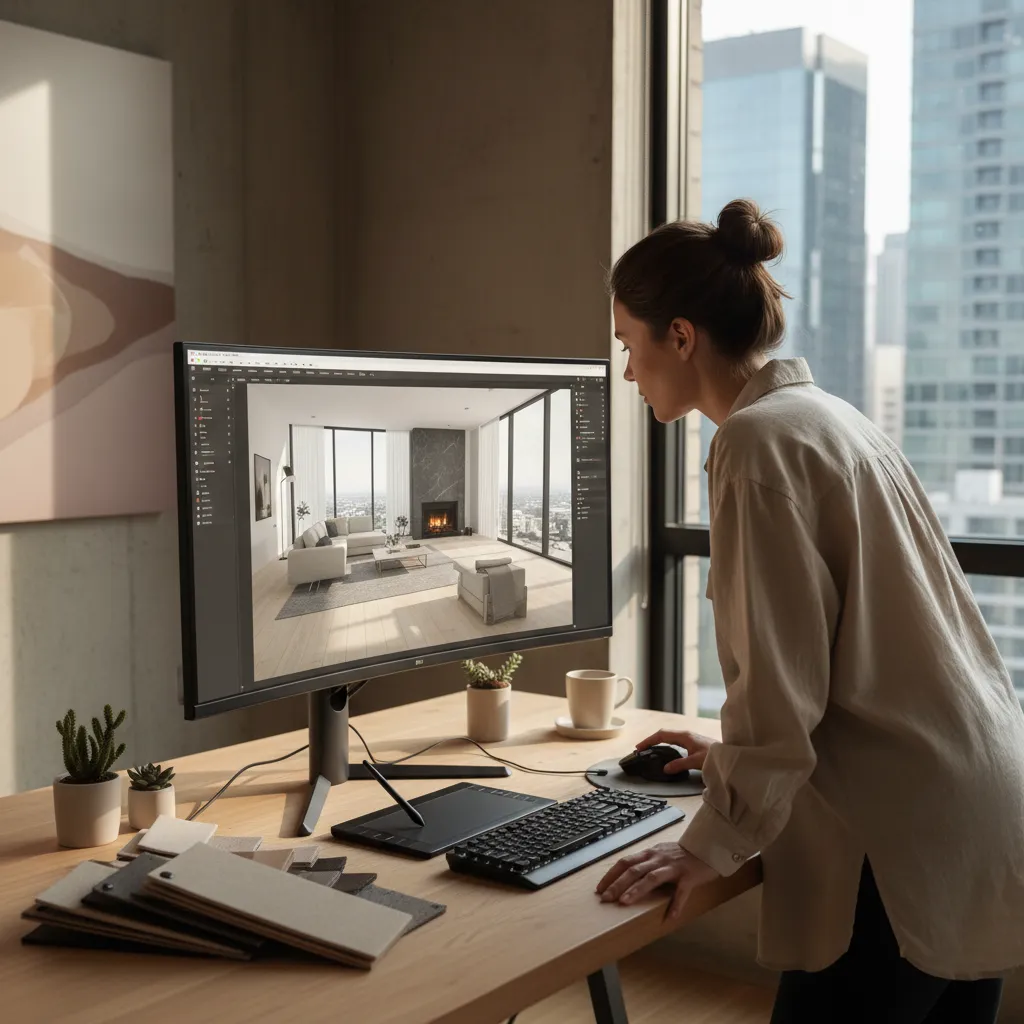 Diseñador revisando una visualización 3D del diseño interior en un ordenador