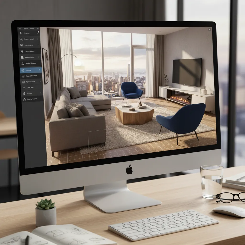 Visualización 3D de un salón moderno en software de diseño interior