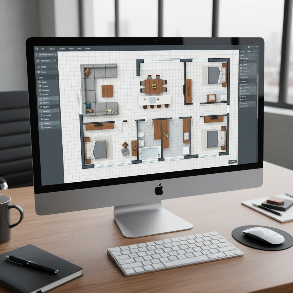 Plano digital de una vivienda con muebles colocados en una aplicación de diseño