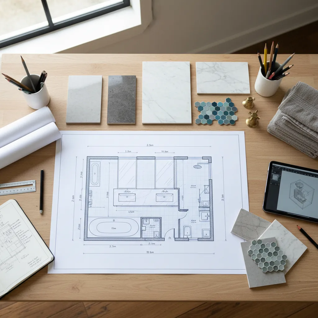 Bathroom room layout drawing on wooden desk with material tiles marble samples tablet and pencils