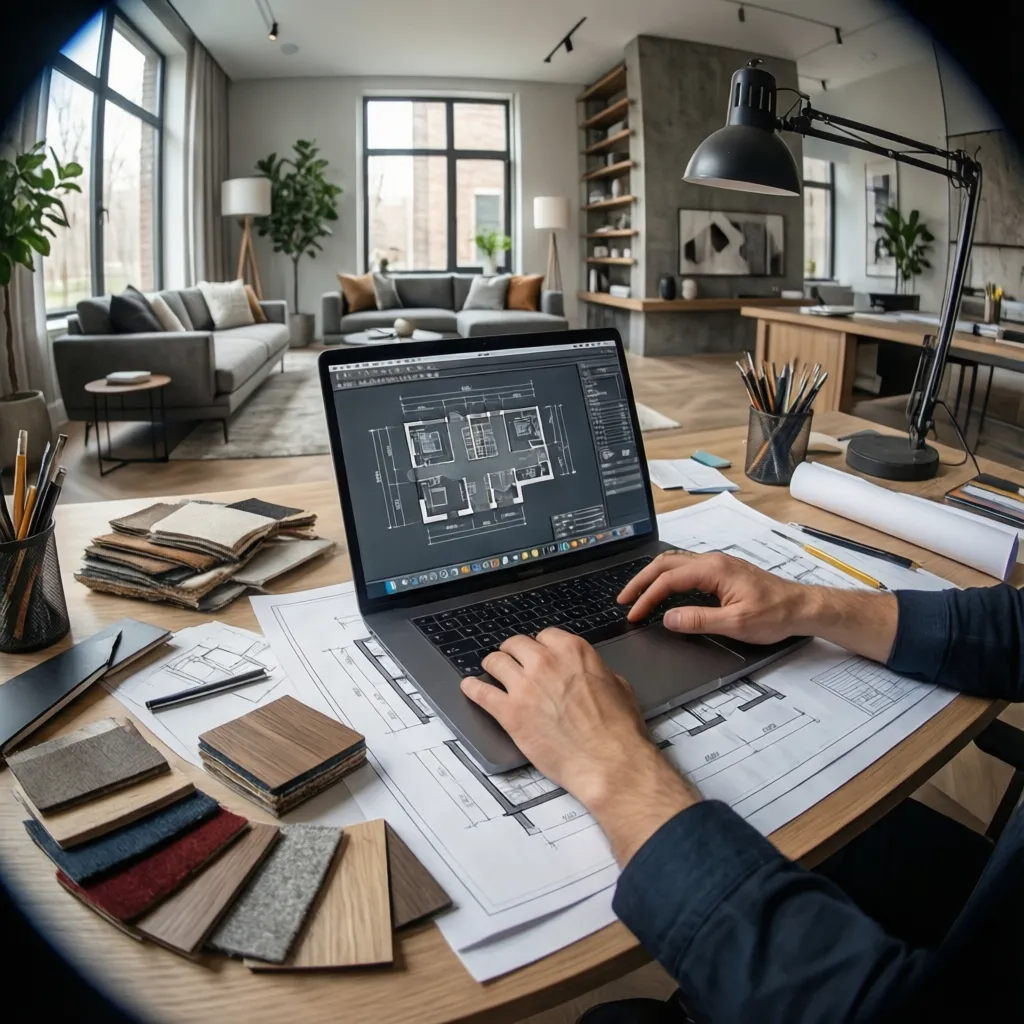 Diseñador planificando una reforma con planos y portátil