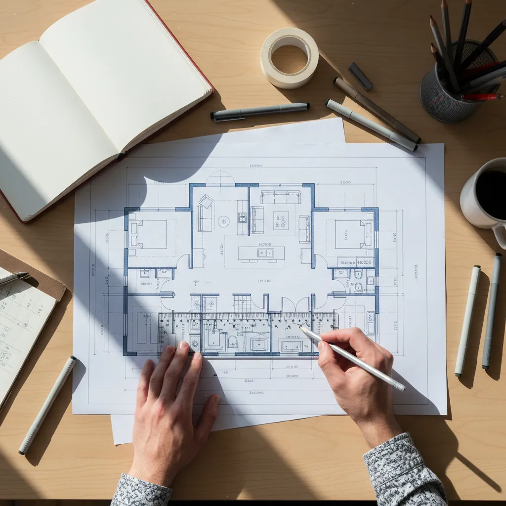 Plano de distribución de vivienda sobre una mesa con lápiz y regla