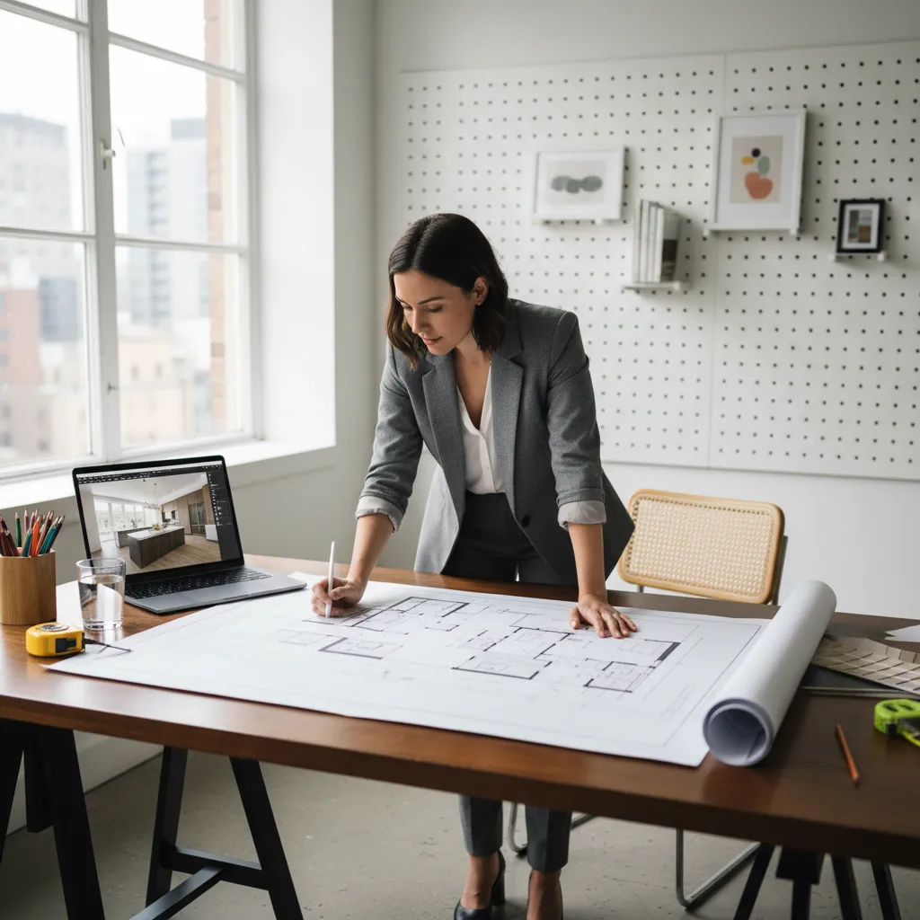 Diseñador revisando plano de distribución interior en mesa de trabajo