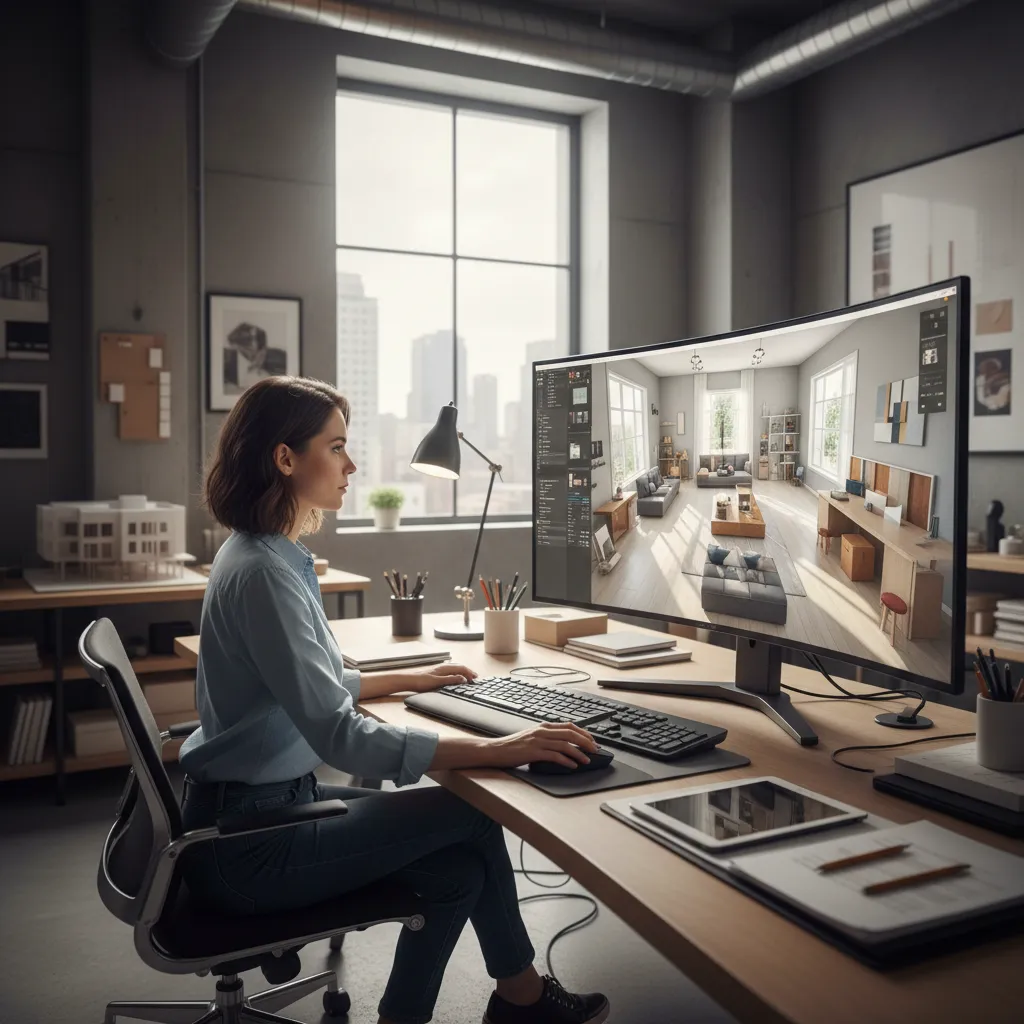 Designer using Coohom to create a living room interior design drawing on a curved monitor