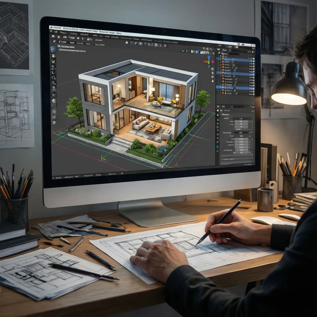 Diseñador de interiores trabajando en la distribución de una casa en pantalla 3D