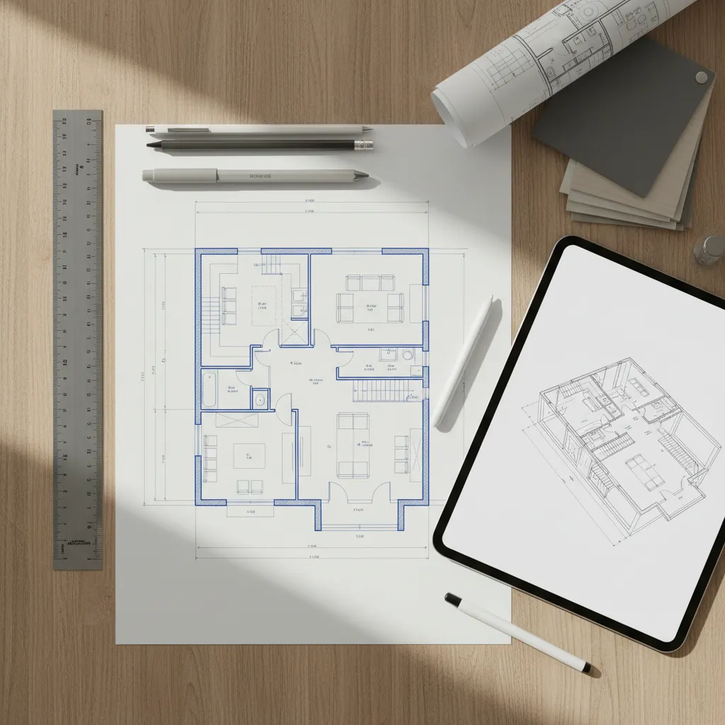 Plano arquitectónico de una vivienda con herramientas de diseño sobre una mesa
