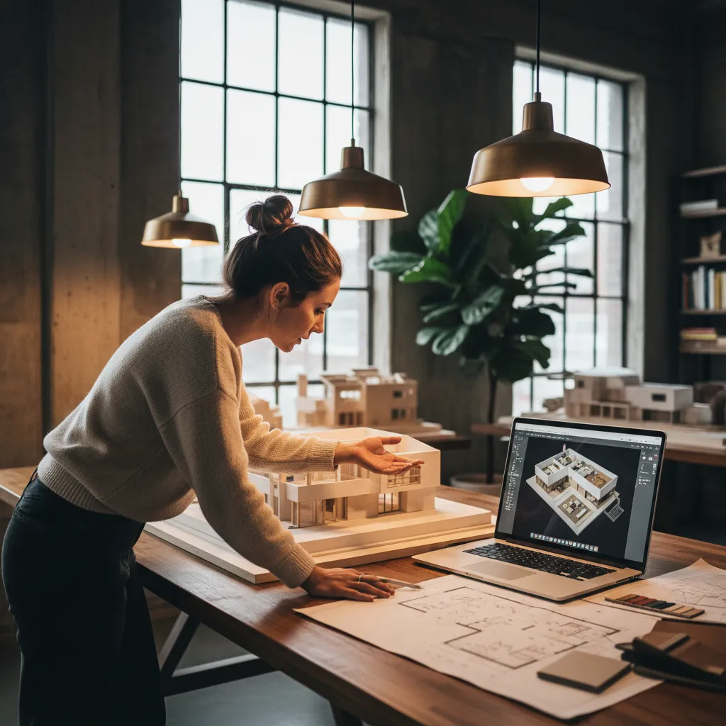 Diseñador revisando maqueta de casa junto a plano digital