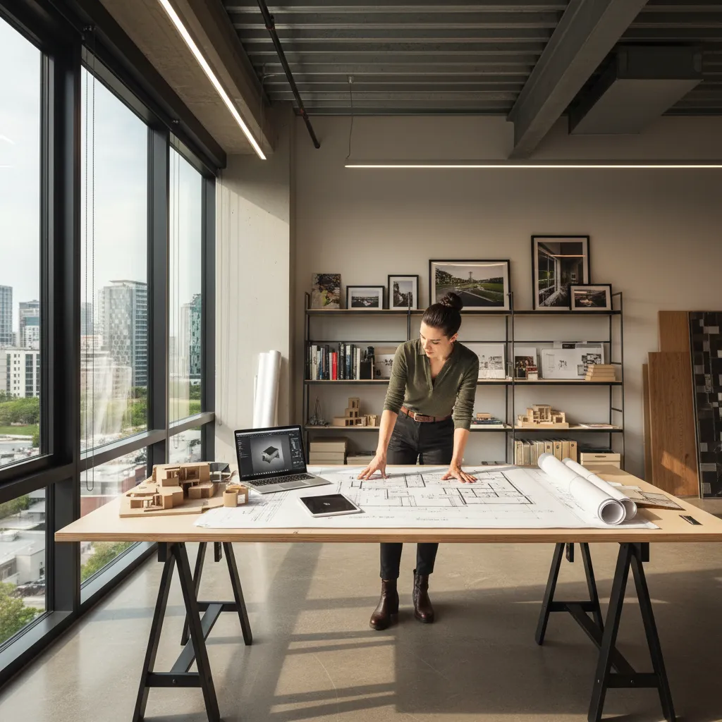 Designer reviewing large house floor plan on desk in bright office with big city view windows