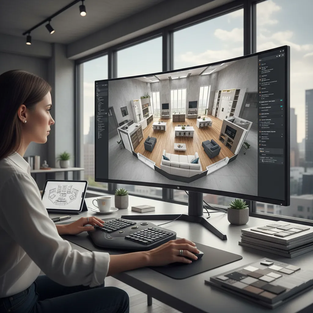Diseñador revisando planos 3D para optimizar el diseño de una casa