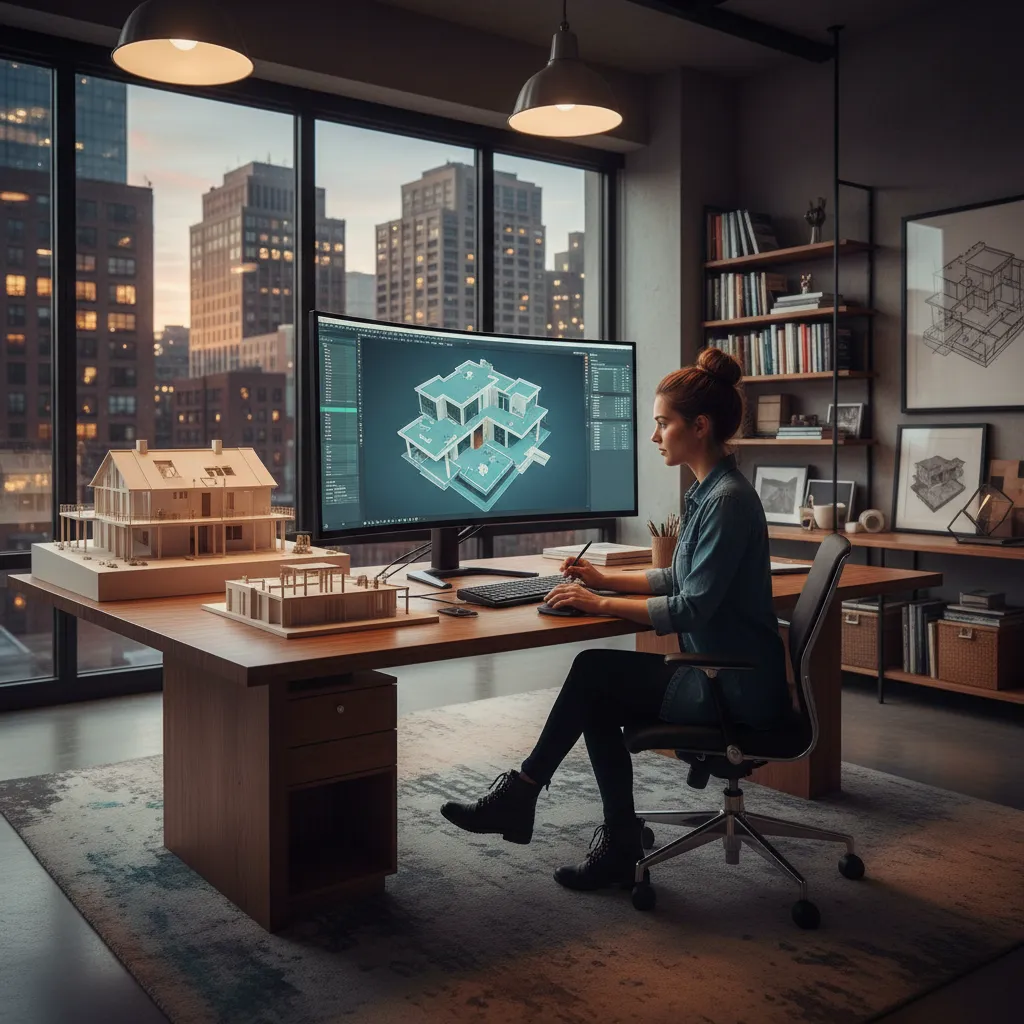 Persona diseñando plano de casa en ordenador con modelo 3D