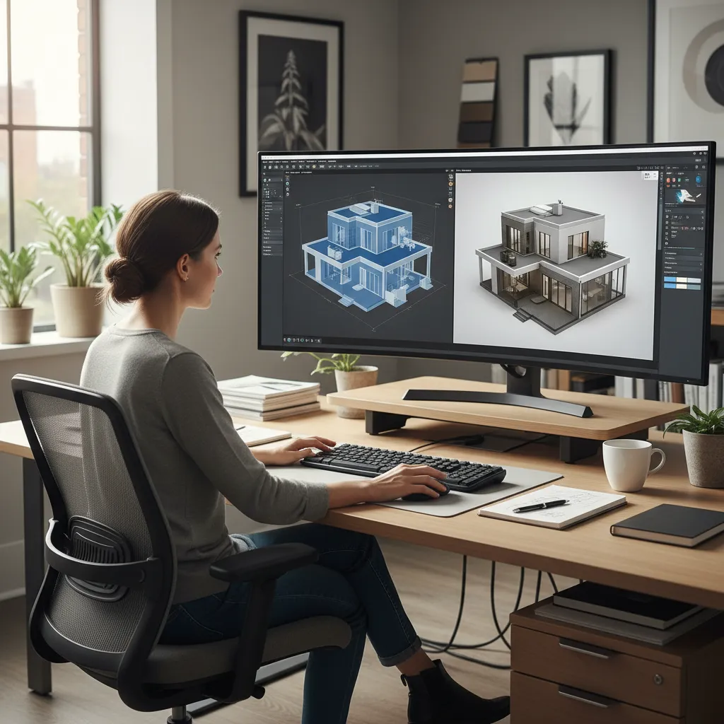 Woman sitting at a desk designing a 3D house model on a large computer screen