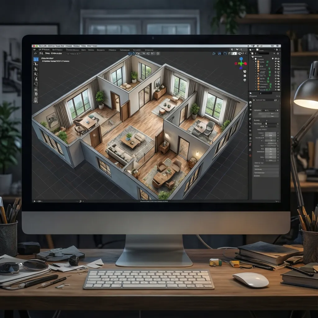 Visualización digital de plano de casa en 3D para planificación de espacios