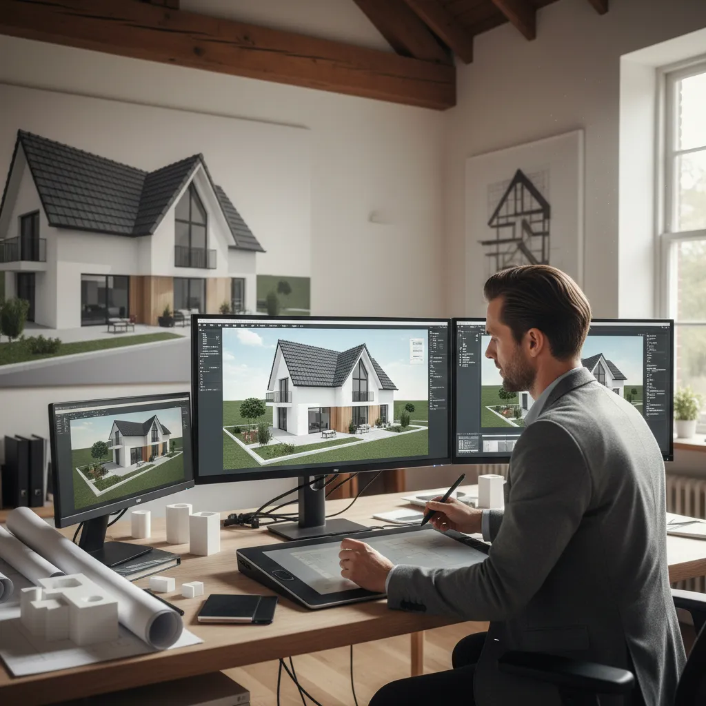 Planificación digital de una casa con techo de tejas en software 3D