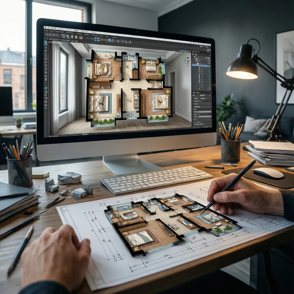 Diseñador revisando plano 3D de casa de tres pisos en ordenador