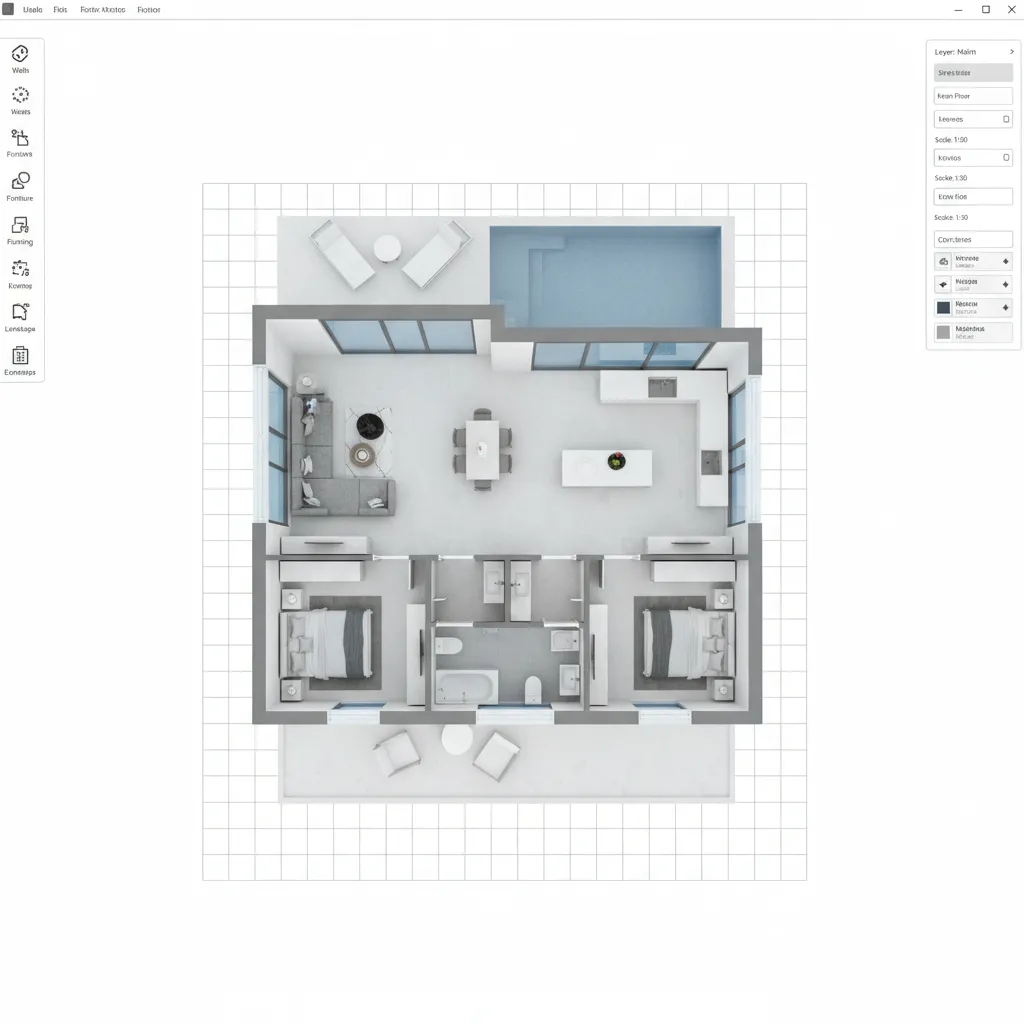 Coohom editor showing a top down interior design drawing with living room kitchen and pool