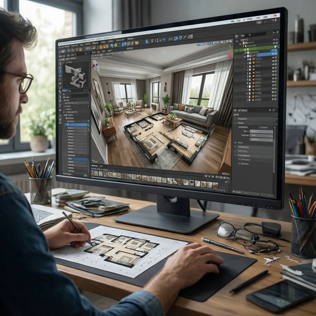 Designer using computer software to create a three dimensional room layout and paper floor plan