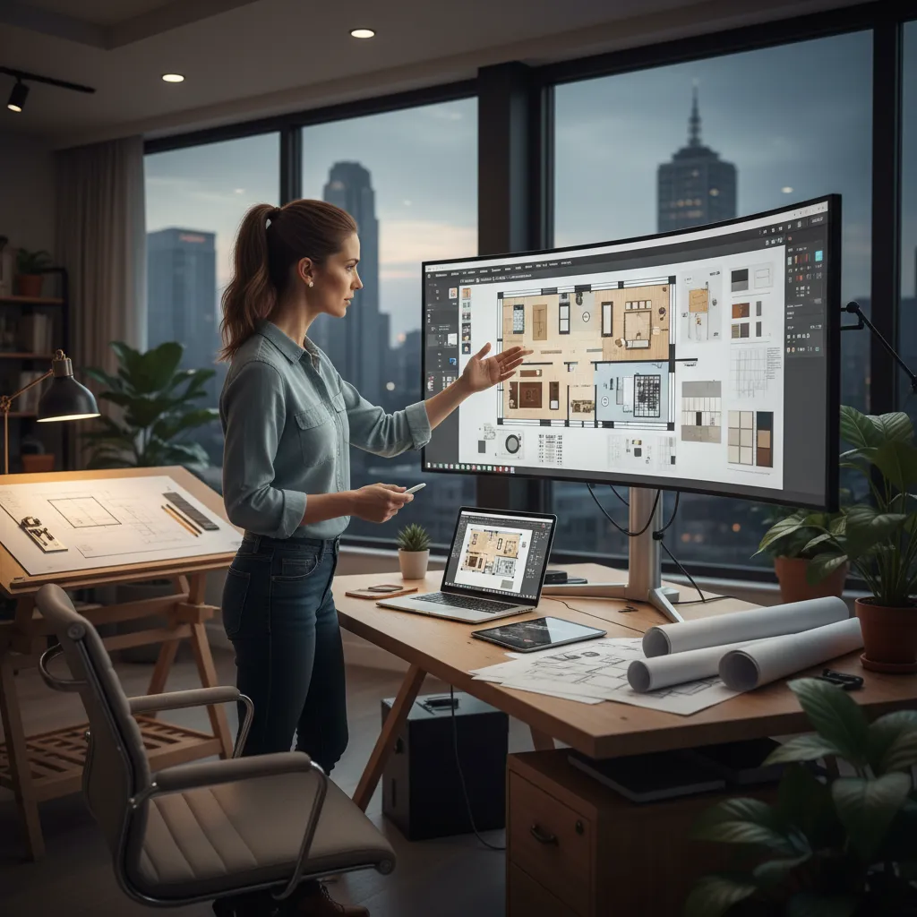 Diseñador revisando plano de casa en pantalla grande