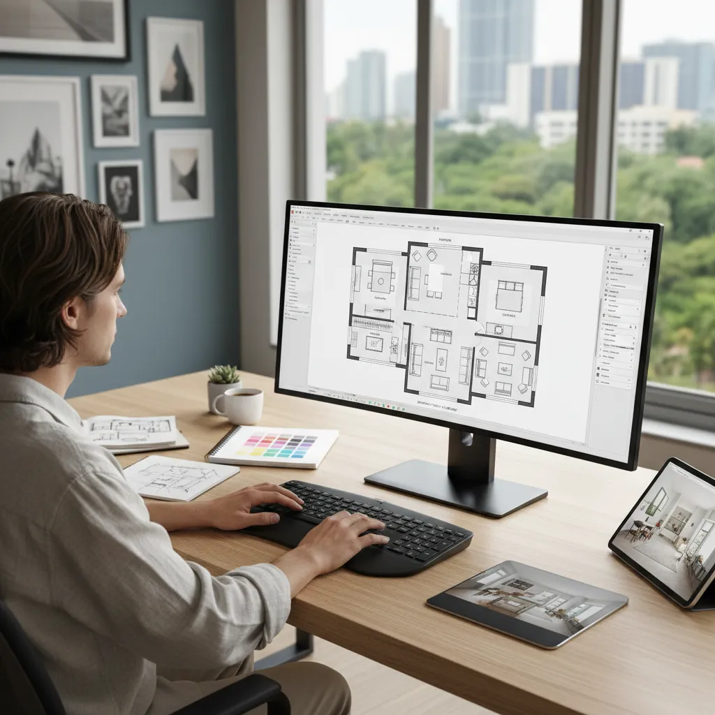 Persona diseñando la distribución de una casa en software de planificación